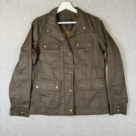 J Crew Womens Size Small Snap Front Utility Field Jacket Brown waxed Cotton - Picture 1 of 7